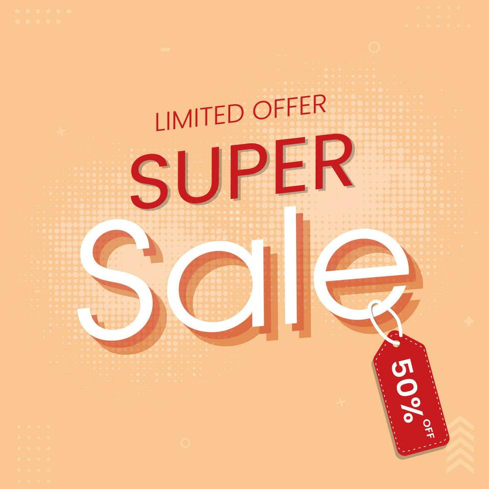 Super Sale Poster Design With Discount Tag And Halftone Effect On Orange Background. vector