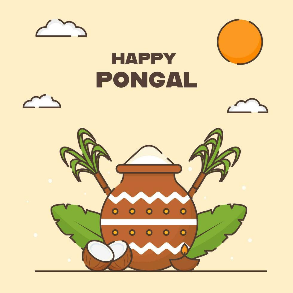 Happy Pongal Poster Design With Vector Traditional Dish In Clay Pot, Coconut, Banana Leaves, Sugarcane, Lit Oil Lamp And Sun On Yellow Taupe Background.