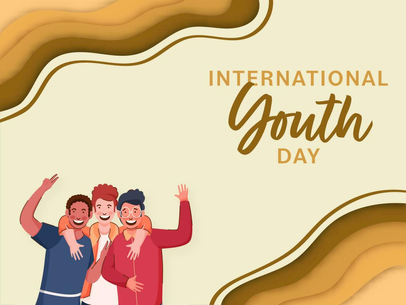 International Youth Day Concept With Cheerful Young Boys Group In Photo Capturing Pose Againt Paper Layer Cut Brown Background. vector