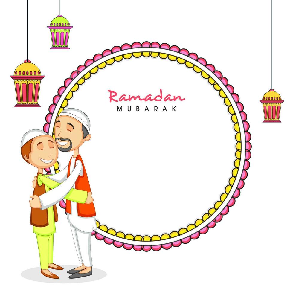 contento musulmán hombres abrazando cada otro y colgando linterna decorado en blanco antecedentes para Ramadán Mubarak concepto. vector