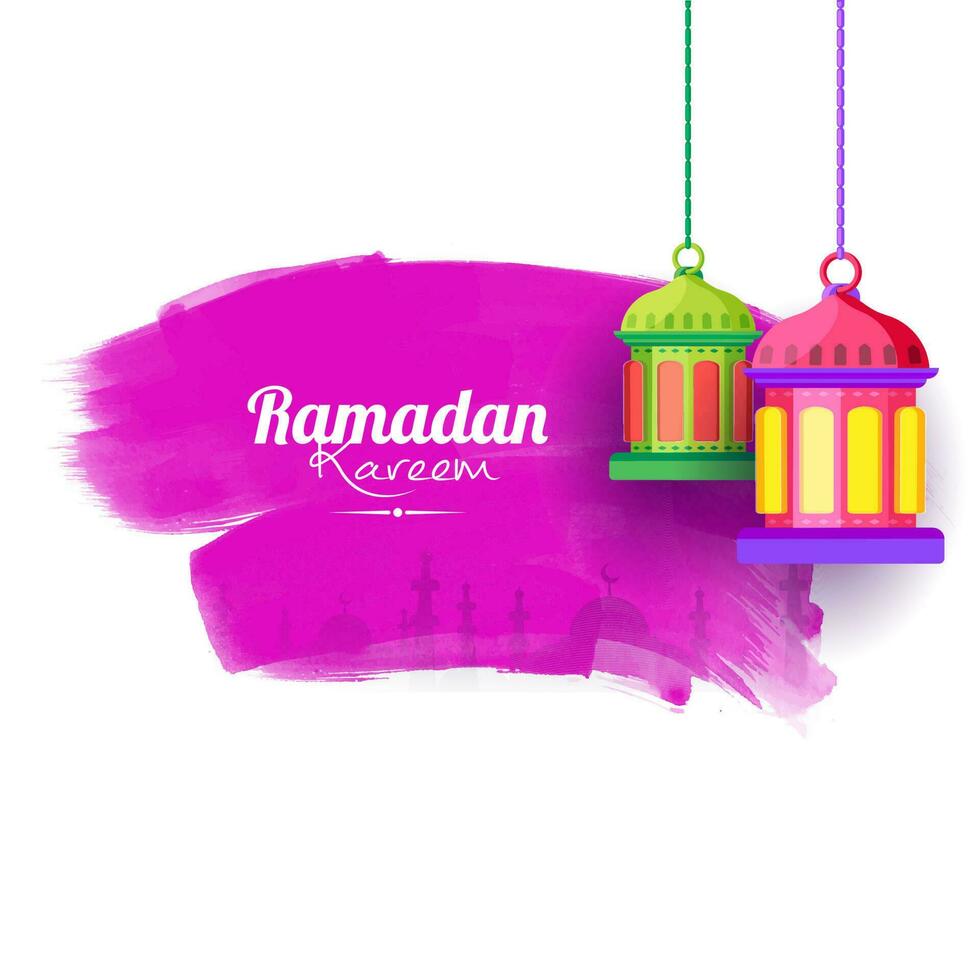 Traditional Arabic Lanterns on abstract pink brush strokes with Mosque for Ramadan Kareem, Muslim Community Festival celebration. vector