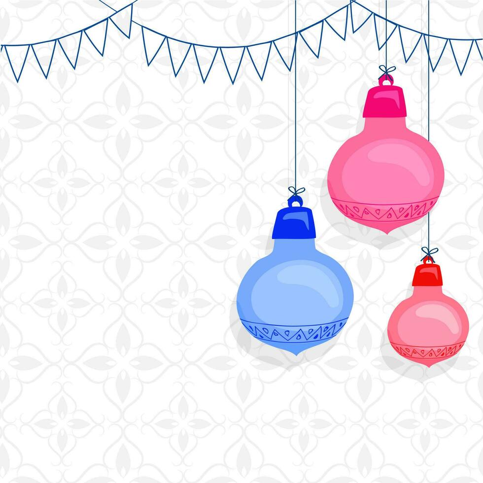 White Islamic Pattern Background Decorated With Bunting Flags, Traditional Lanterns Hang And Copy Space. vector