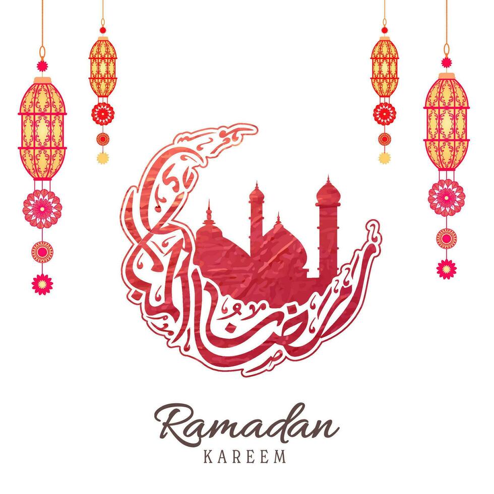 Arábica caligrafía de Ramadán kareem en creciente Luna con mezquita, ornamento linternas decorado blanco antecedentes. vector