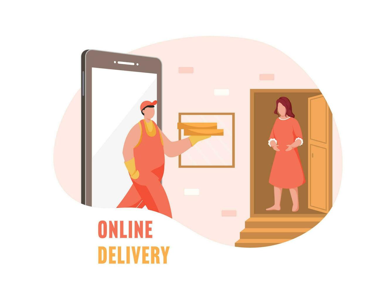Delivery Man Giving Parcel To Female Customer At Doorstep Through Smartphone On Pink And White Background. vector