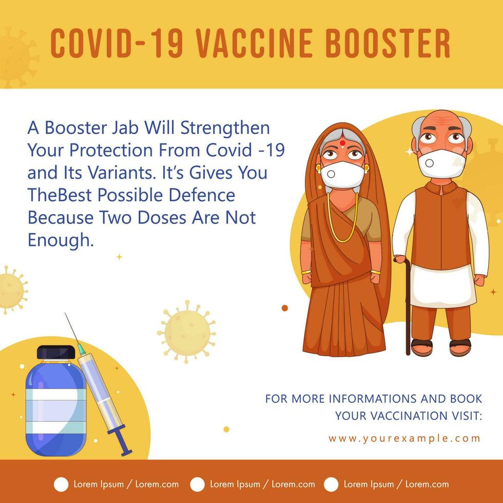 Covid-19 Vaccine Booster Doses Poster Design With Old Couple Character. vector