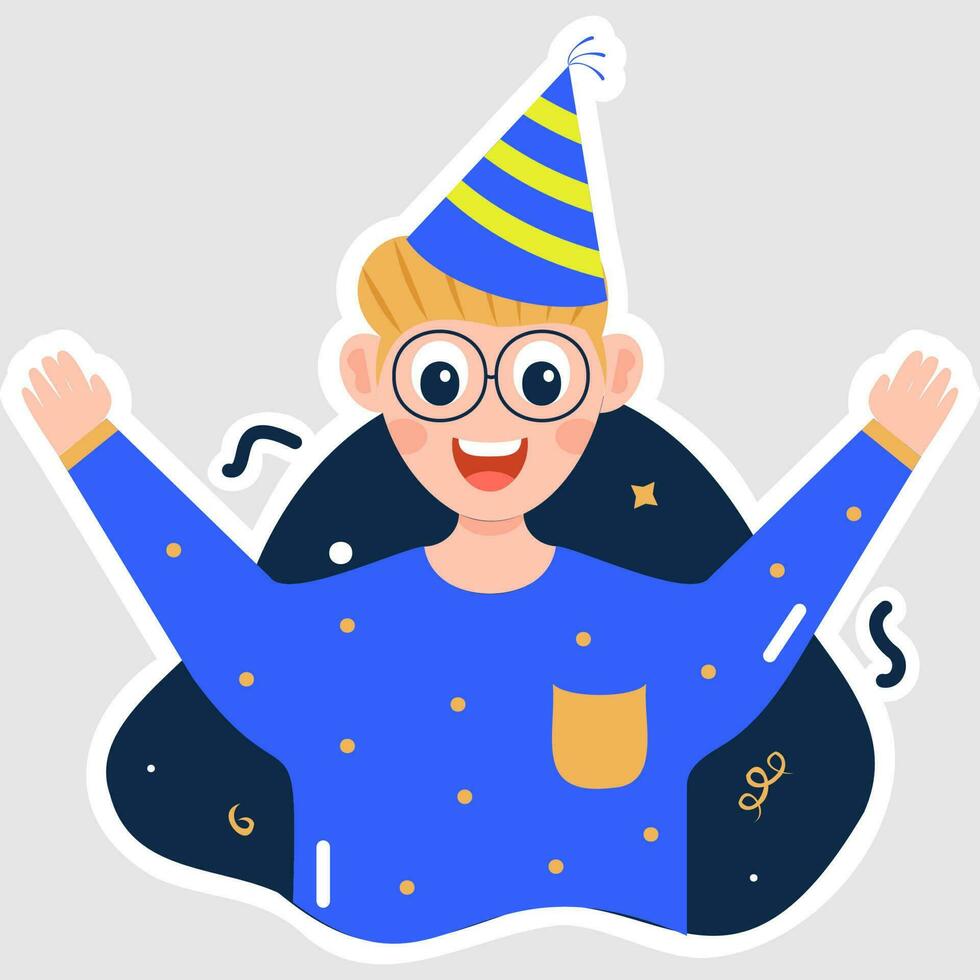 vector ilustración de contento pequeño chico vistiendo un fiesta sombrero en pegatina estilo en azul antecedentes.