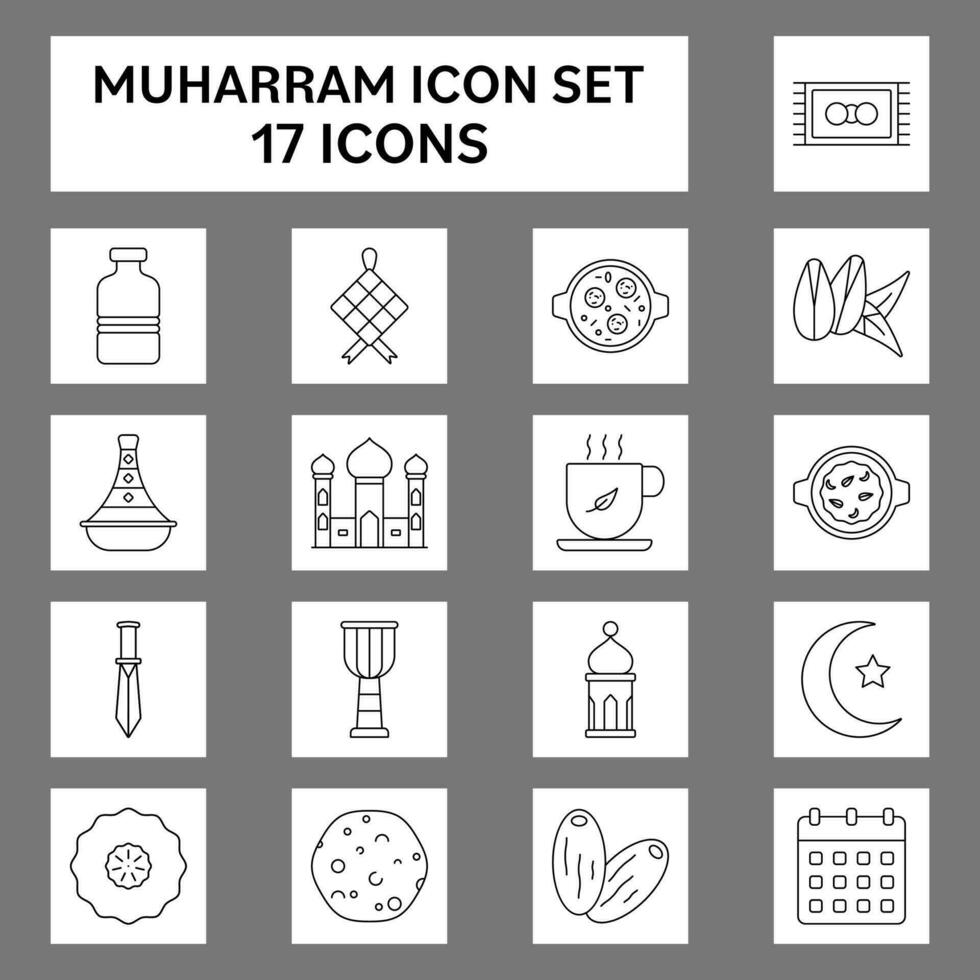 17 Muharram Line Art Icon Set On Grey And White Square Background. vector