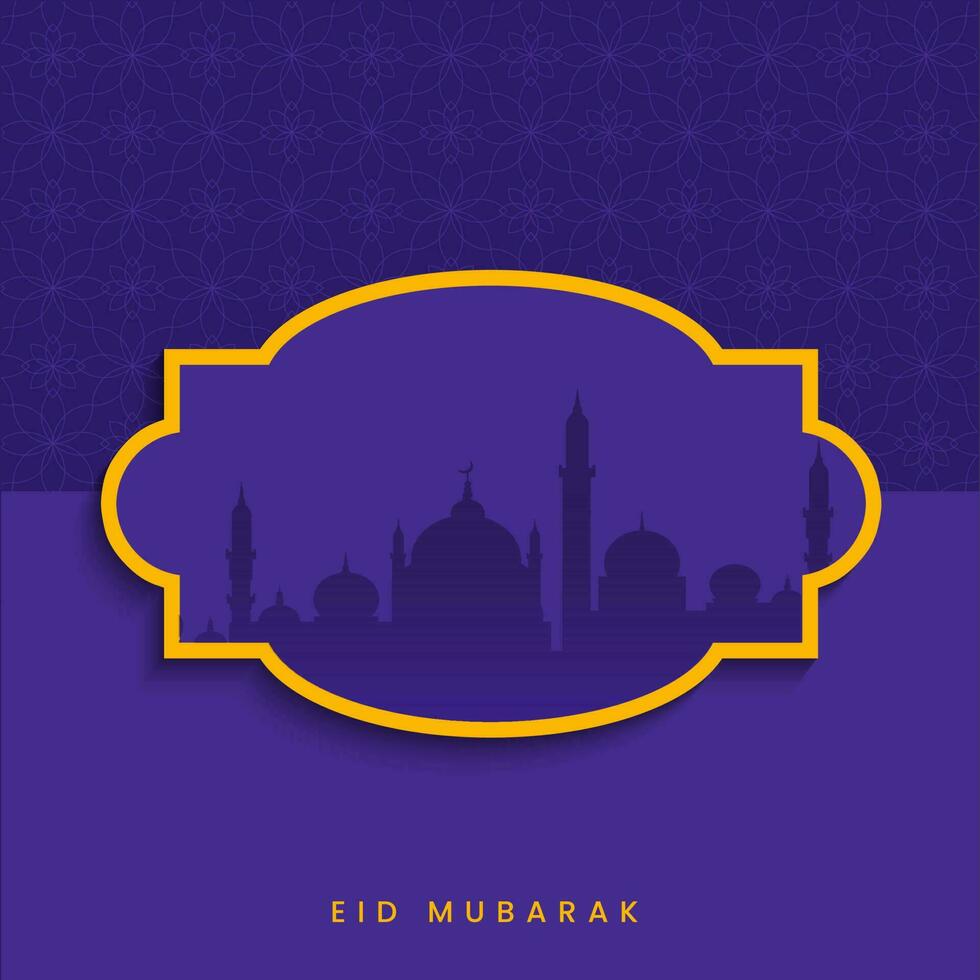 Eid Mubarak Greeting Card With Silhouette Mosque Inside Vintage Frame Against Violet Floral Design Background. vector