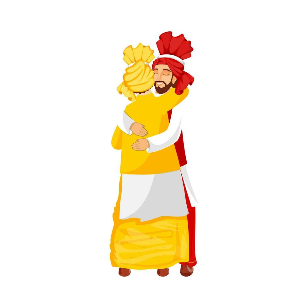 Punjabi Men Hugging To Each Other On White Background. vector