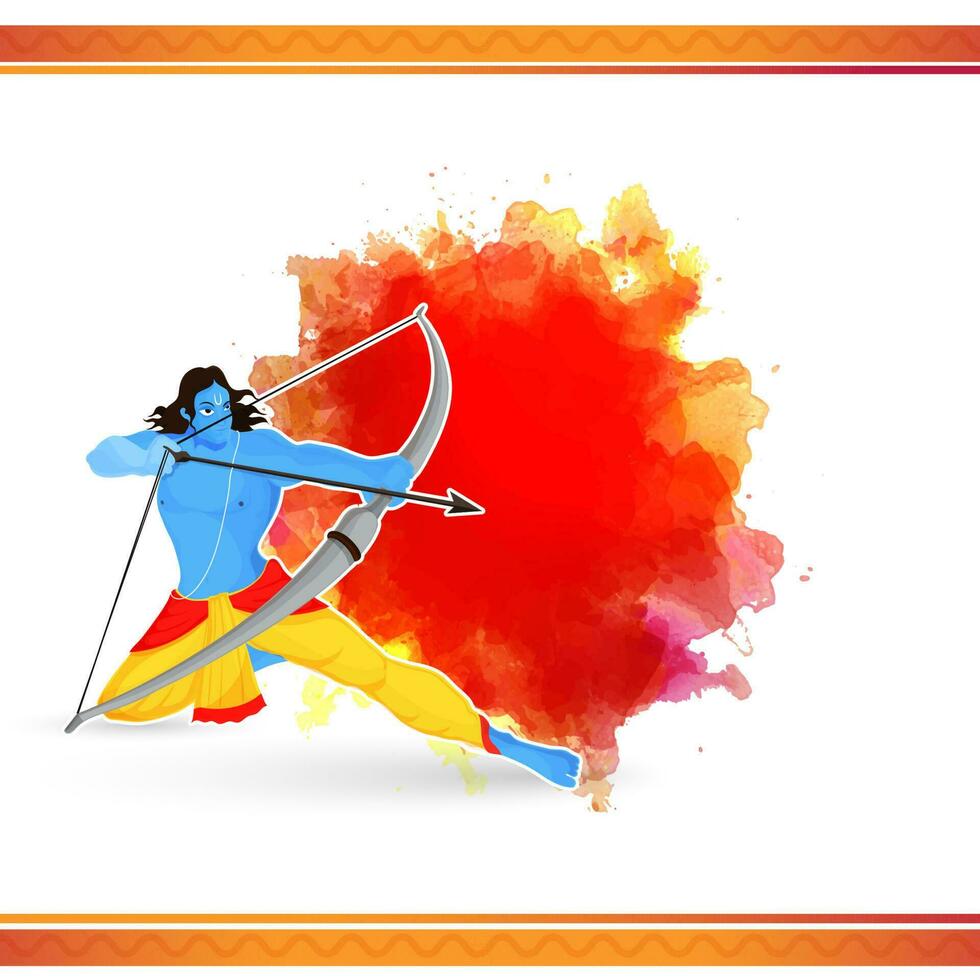 Sticker Style Hindu Mythological Lord Rama Taking An Aim And Red Watercolor Effect On White Background. vector