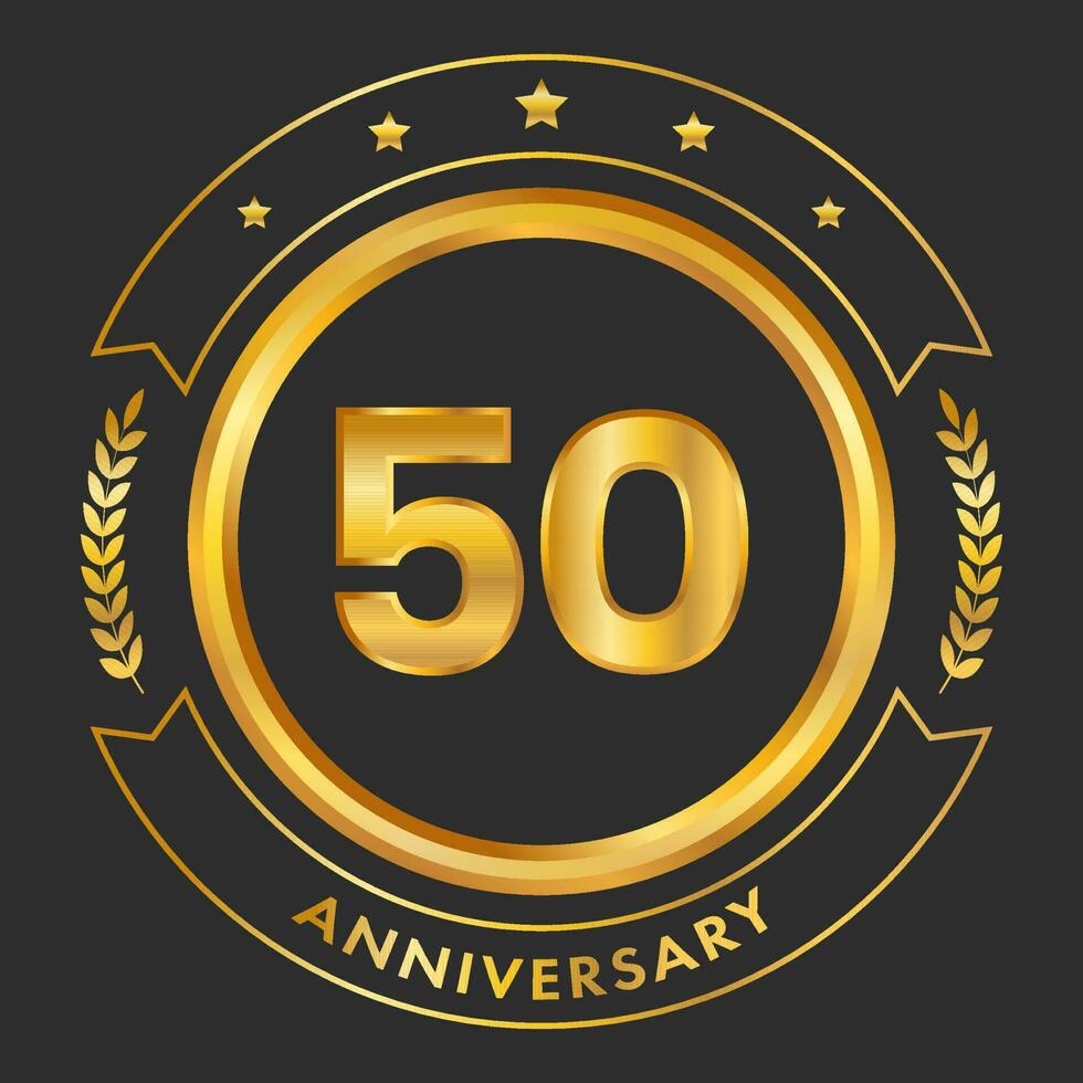 Golden 50th Anniversary Emblem Logo With Laurel Wreath On Black Background. vector