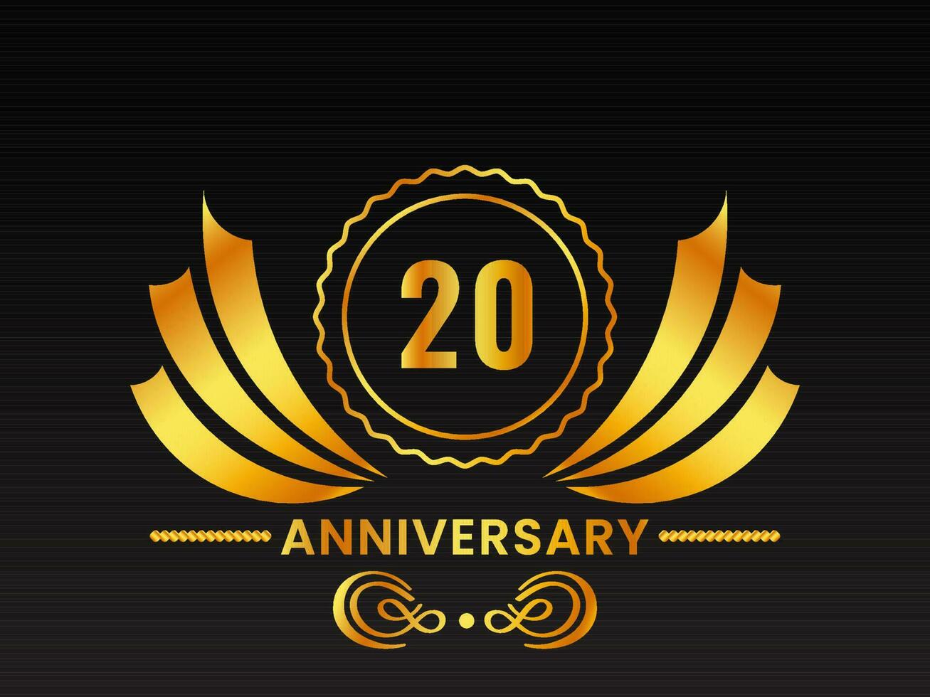 Golden 20th Anniversary Emblem, Badge Or Label On Black Background. vector