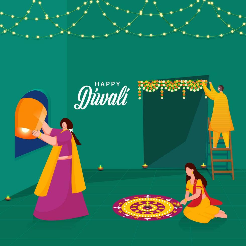 Indian People Celebrating Or Enjoying Festival Of Diwali Against Teal Green Background. vector