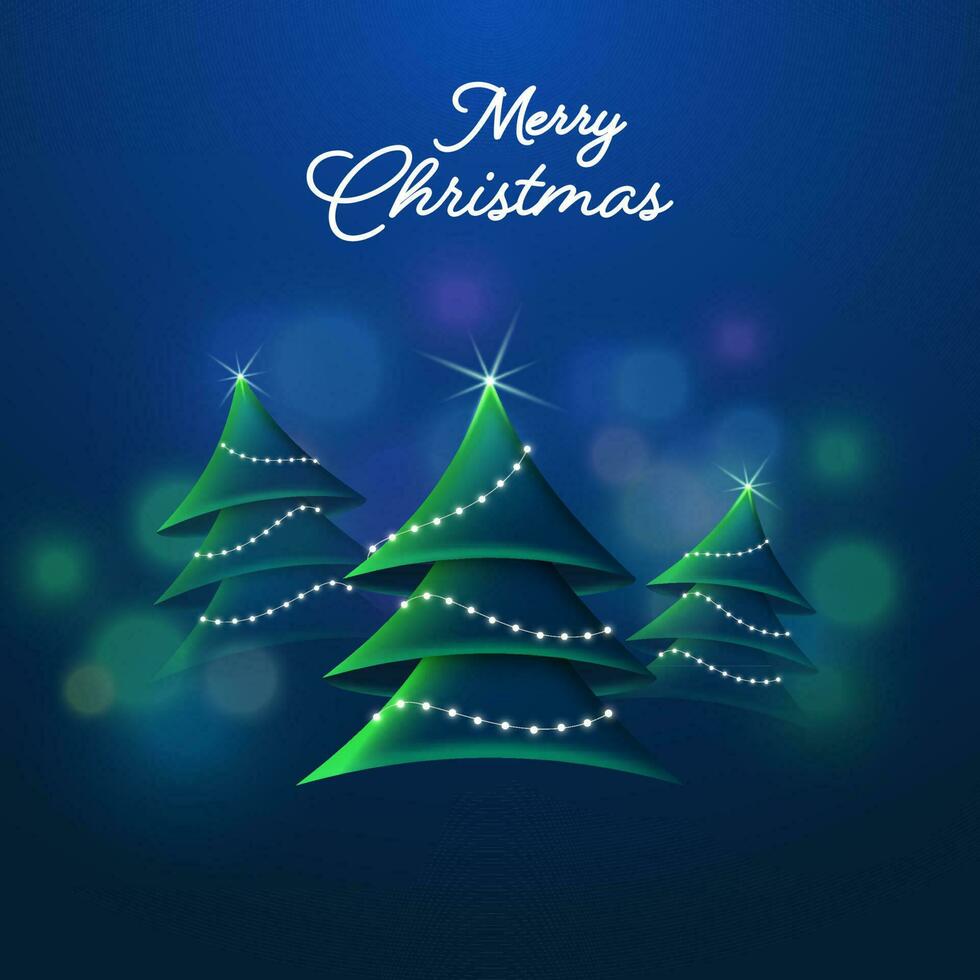alegre Navidad concepto con Navidad árbol decorado desde Encendiendo guirnalda en azul bokeh difuminar antecedentes. vector