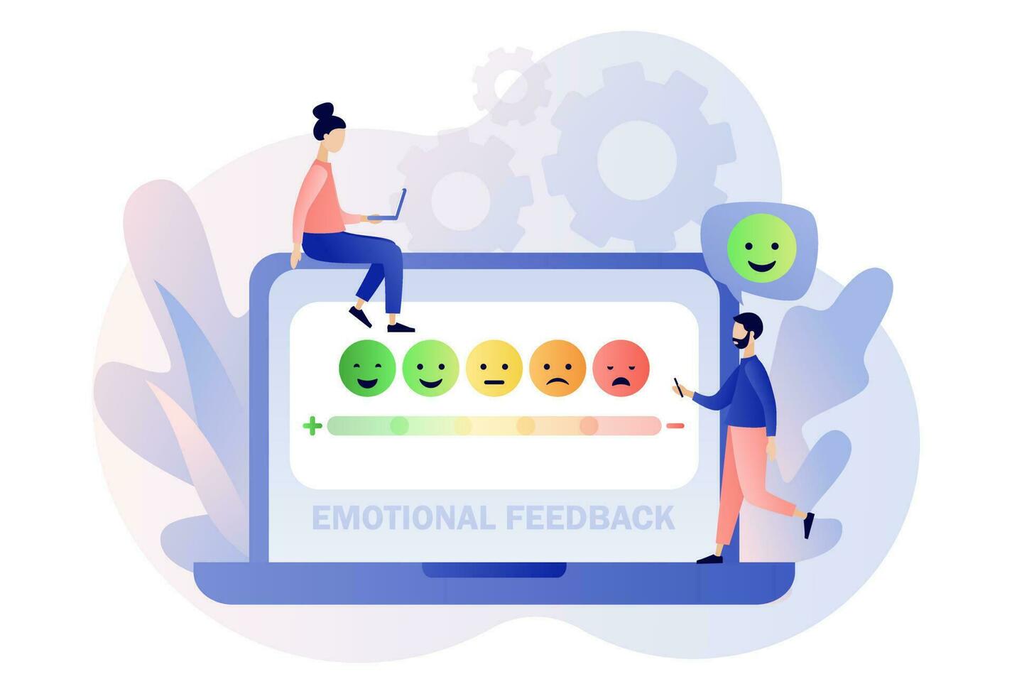 Emotions scale on laptop screen. Mood concept. Tiny people leave feedback online. Emoji set for mood tracker. Excellent, good and normal, bad and awful. Modern flat cartoon style. Vector illustration