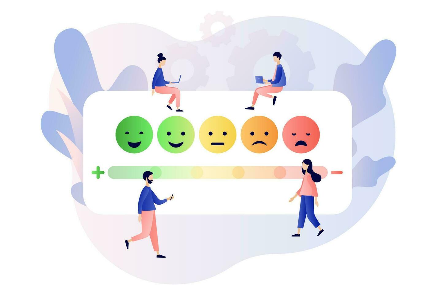 Emotions scale with arrow from green to red. Tiny people leave feedback. Emoji set for mood tracker. Excellent, good and normal, bad and awful. Modern flat cartoon style. Vector illustration