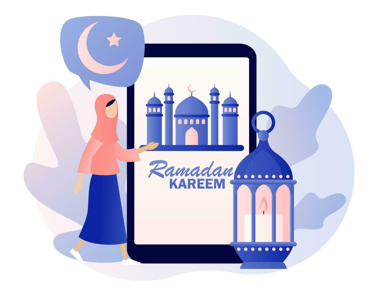 Ramadán kareem - texto en teléfono inteligente pantalla. minúsculo mujer saludar en eid Mubarak día festivo. santo mes, linterna para orar a noche y mezquita. musulmán banquete. moderno plano dibujos animados estilo. vector ilustración