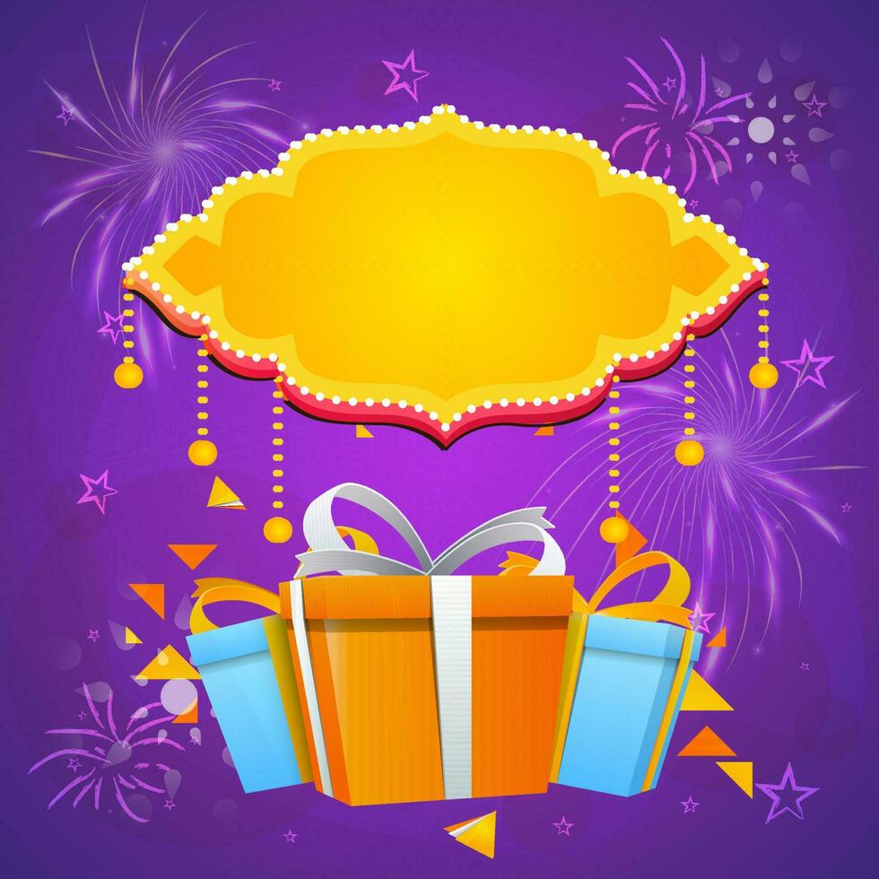 Empty Vintage Frame With Gift Boxes, Stars Against Purple Fireworks Background. vector