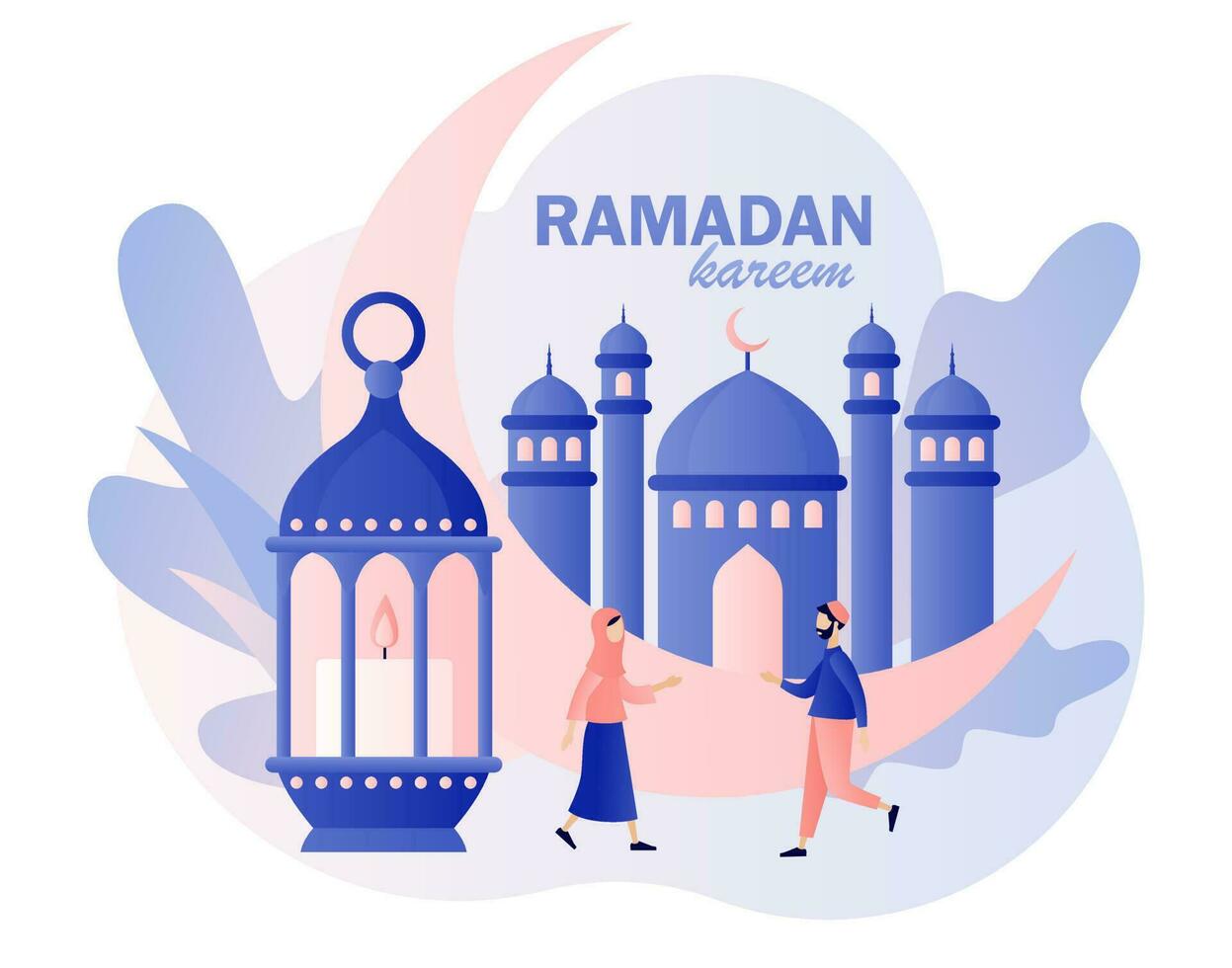 Ramadan Kareem. Holy Month, lantern for pray at night and mosque. Tiny people greet each other Eid mubarak holiday. Muslim Feast. Modern flat cartoon style. Vector illustration on white background