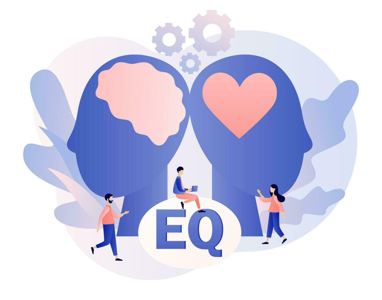 Emotional intelligence. Heart and brain as symbol of balance. Tiny people exploring inner personality. Love, mind, logical. Modern flat cartoon style. Vector illustration on white background