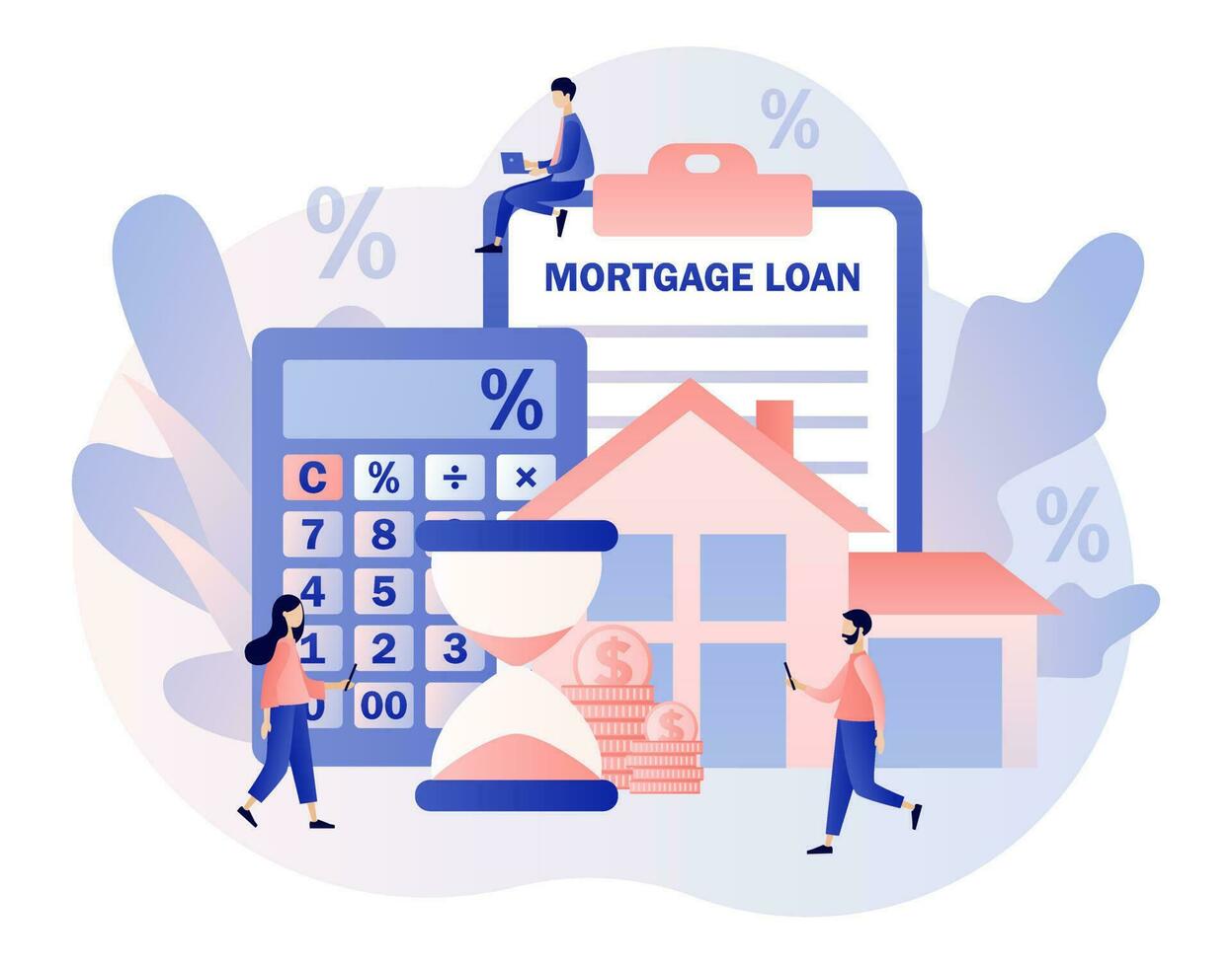 House loan. Mortgage concept. Tiny people buying home and pay credit to bank. Investment money in real estate property. Modern flat cartoon style. Vector illustration on white background