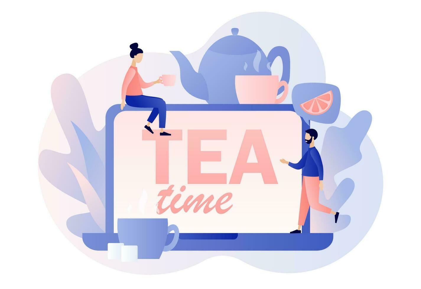 té hora - texto en ordenador portátil pantalla. caliente bebidas fiesta en línea. minúsculo personas Bebiendo té. pava, taza, limón rebanada y azúcar cubitos. moderno plano dibujos animados estilo. vector ilustración en blanco antecedentes