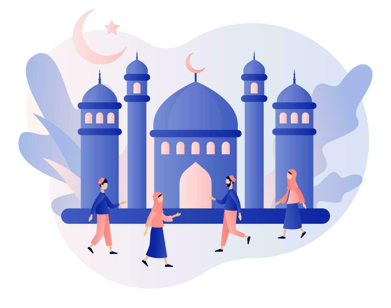 Ramadán kareem mezquita y santo mes. minúsculo personas saludar cada otro eid Mubarak día festivo. musulmán banquete. moderno plano dibujos animados estilo. vector ilustración en blanco antecedentes