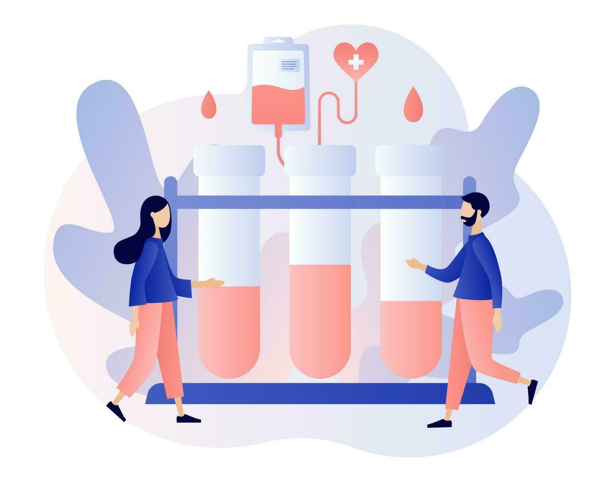 Blood donation concept. Tiny volunteers with nurses donating blood in hospital. Blood test or analysis. Clinical laboratory examination. Health care. Modern flat cartoon style. Vector illustration