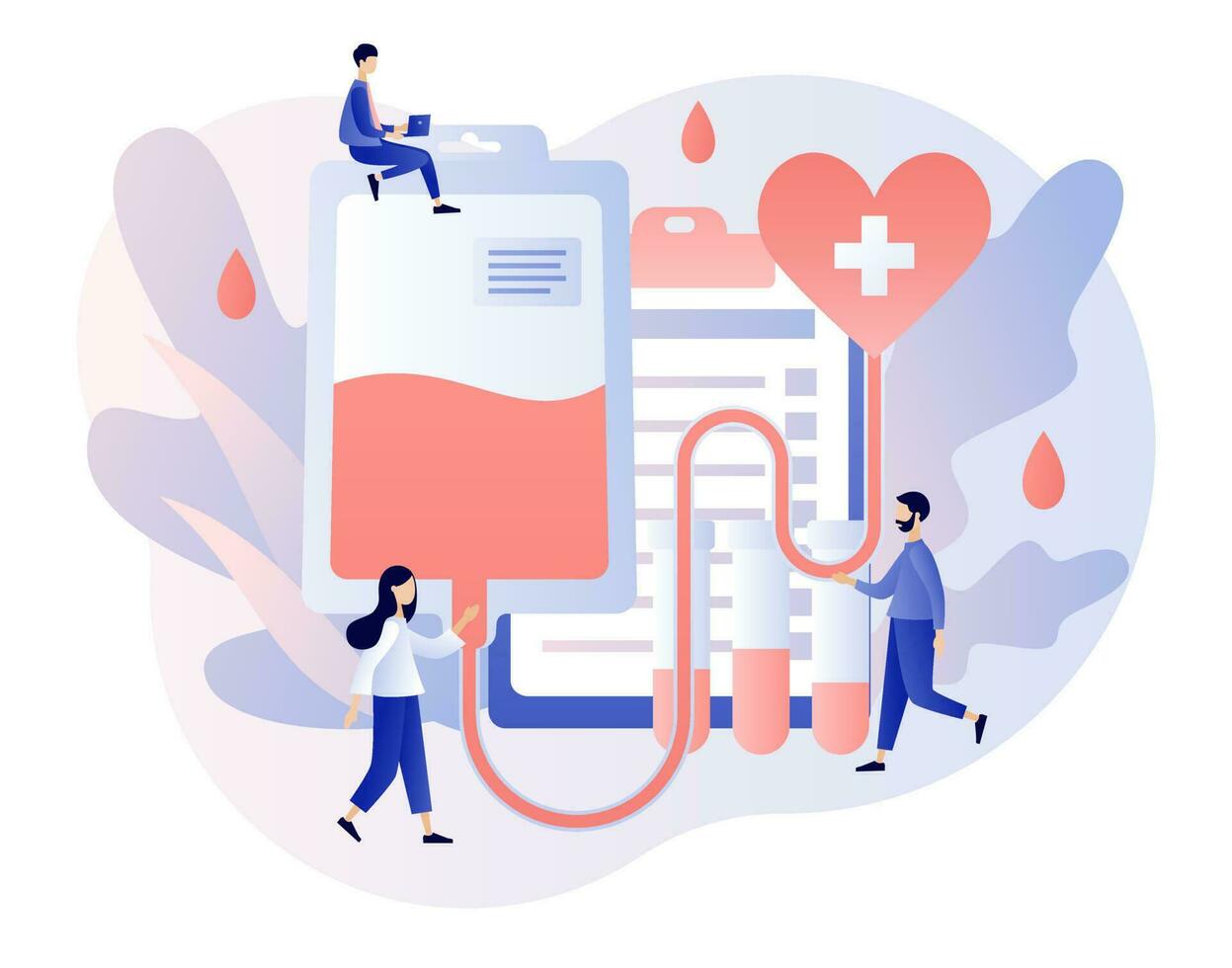 Blood donation concept. Tiny volunteers with nurses donating blood in hospital. Blood test or analysis. Clinical laboratory examination. Health care. Modern flat cartoon style. Vector illustration