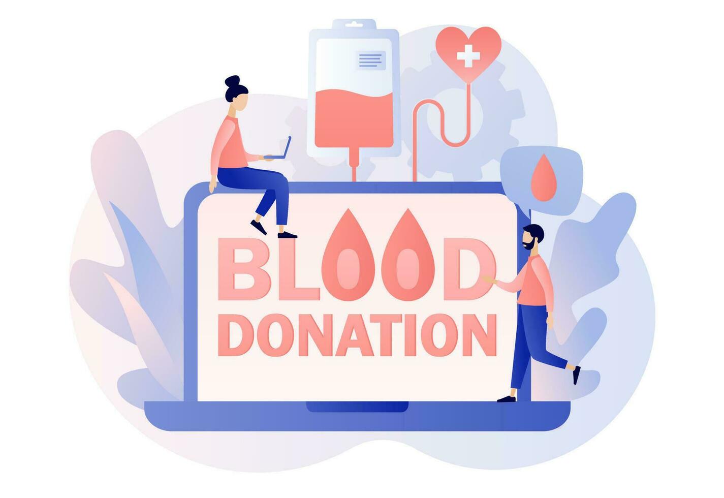 Blood donation - text on laptop screen. Tiny volunteers with nurses donating blood in hospital. Blood test or analysis. Health care. Modern flat cartoon style. Vector illustration on white background