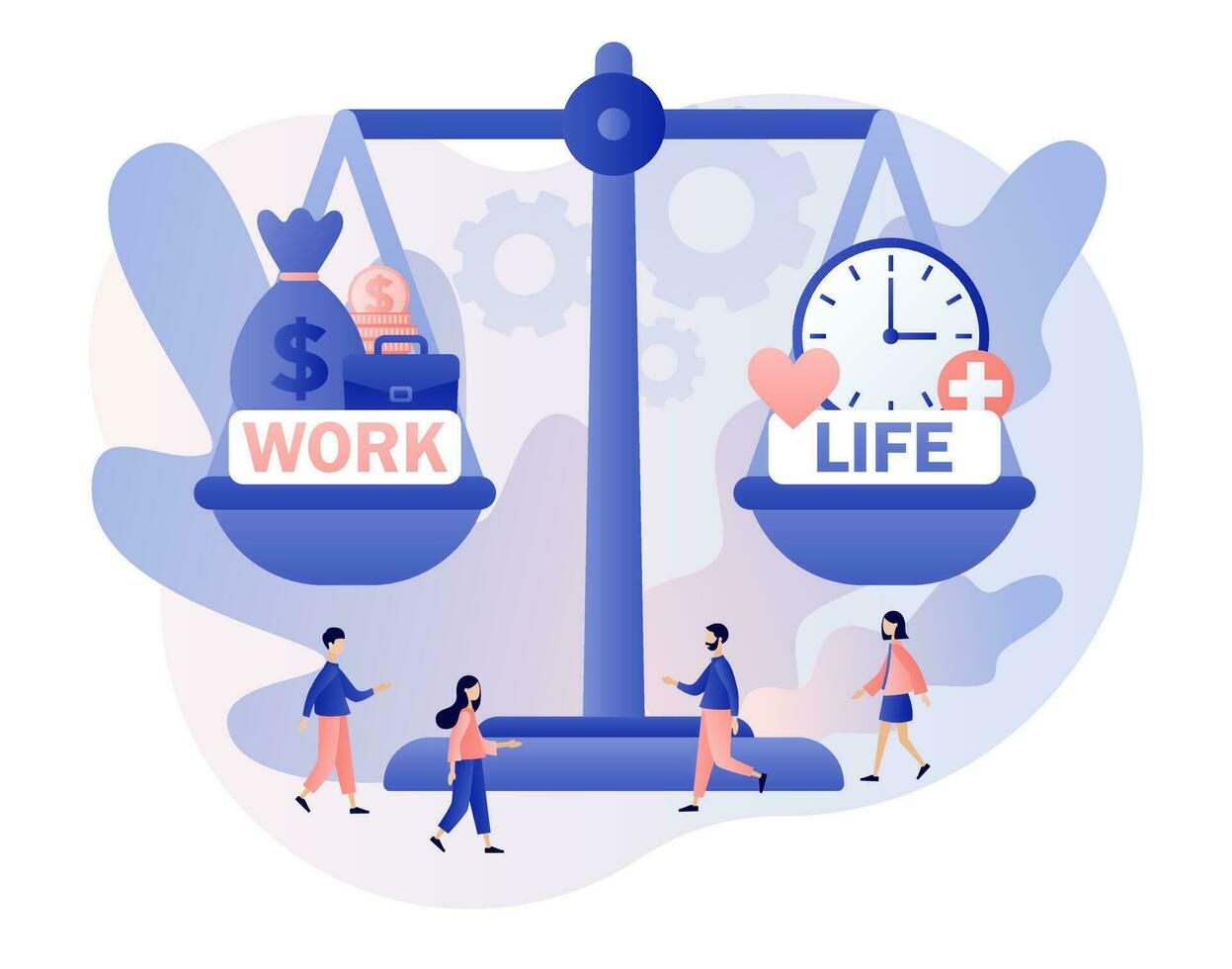 Work and life balance. Big scales as symbol of life balance. Tiny people keep harmony choose between career and money versus love and time. Modern flat cartoon style. Vector illustration