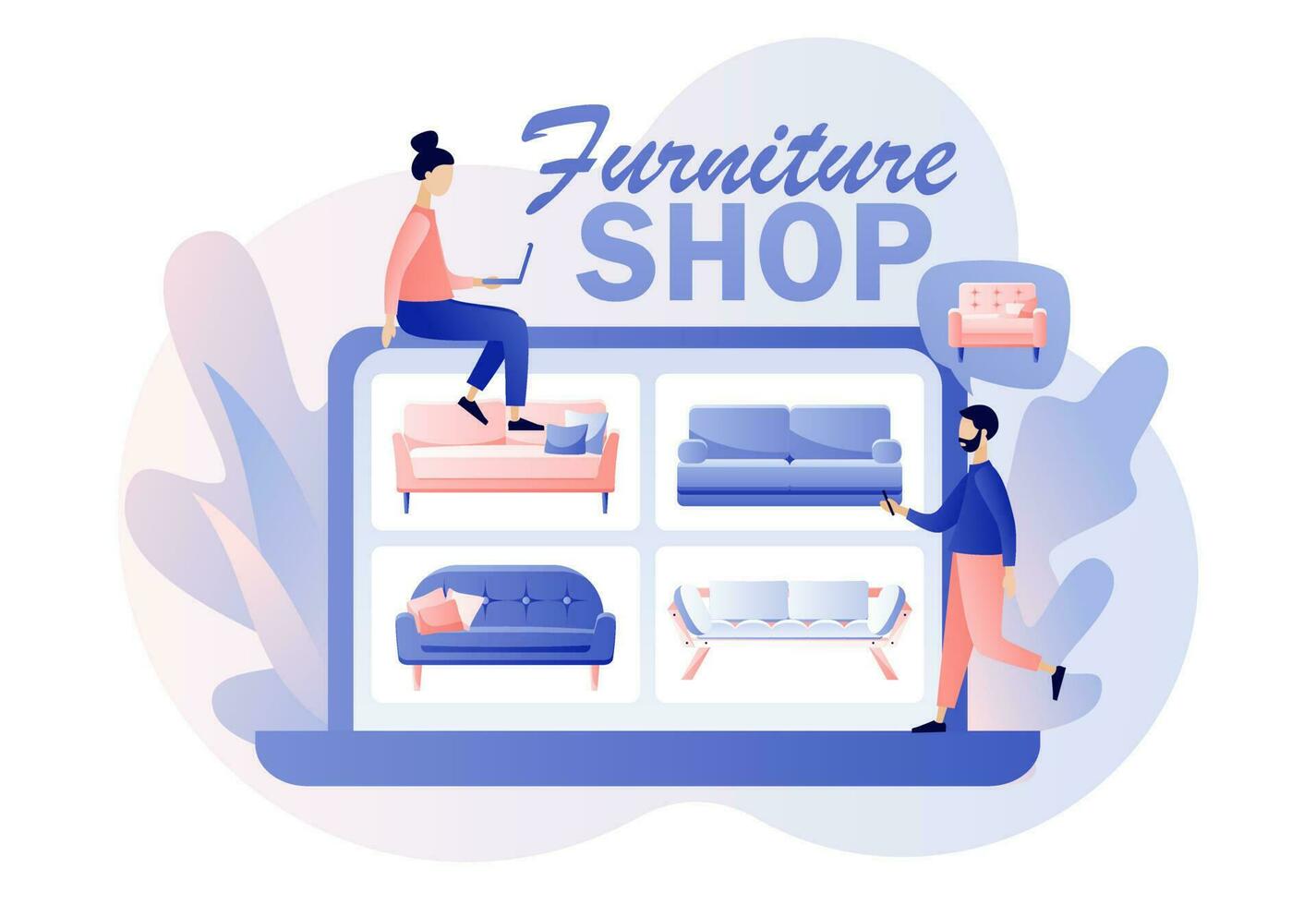Furniture and home accessories store. Tiny people shopping furniture and home decor online use laptop. Sofa shop. Modern flat cartoon style. Vector illustration on white background