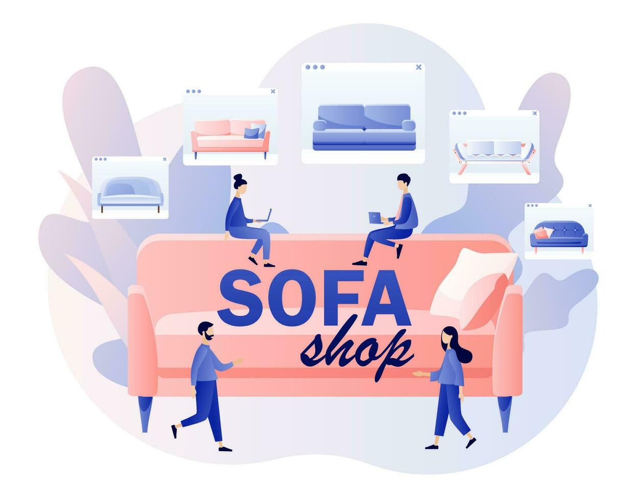 Sofa shop online. Furniture and home accessories store. Tiny people shopping furniture and home decor. Modern flat cartoon style. Vector illustration on white background