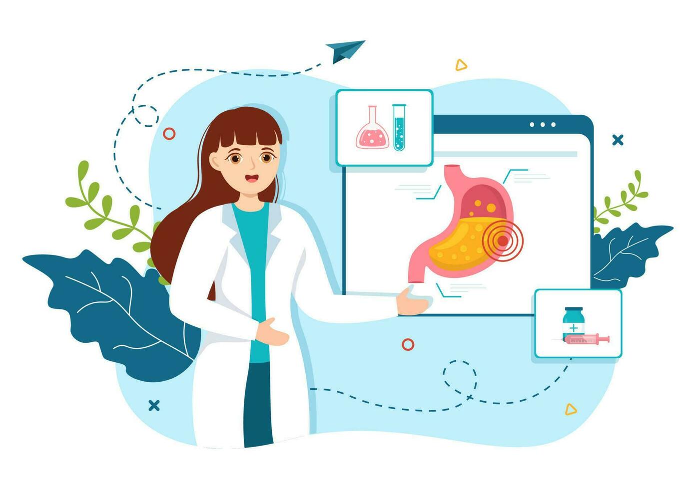 estómago salud gastroenterología vector ilustración con abdomen dolor y médico investigación para cuidado de la salud en plano dibujos animados mano dibujado plantillas