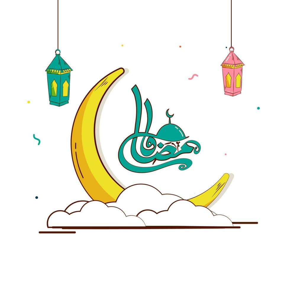 Green Arabic Calligraphy Of Ramadan Kareem With Mosque, Yellow Crescent Moon And Lanterns Hang On White Background. vector