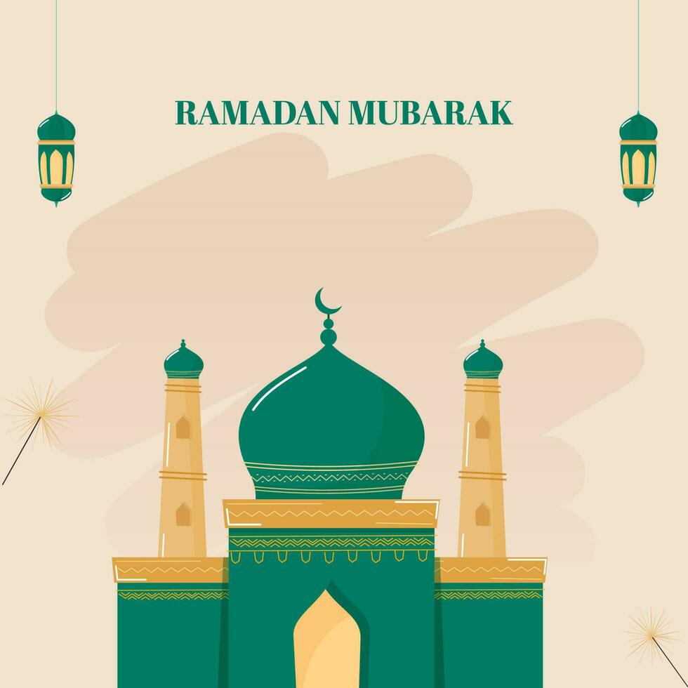 Ramadán Mubarak póster diseño con mezquita ilustración, espumoso palos y Arábica linternas colgar en melocotón antecedentes. vector