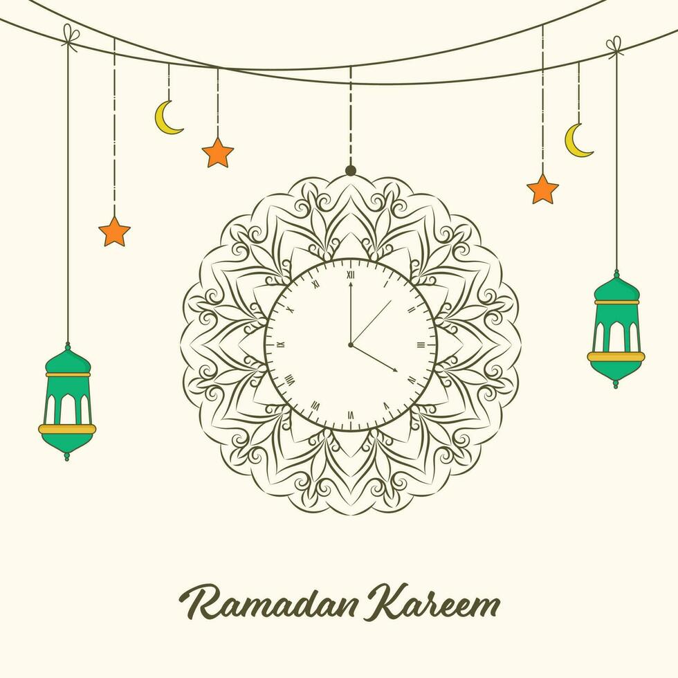 Ramadan Kareem Concept With Doodle Style Mandala Clock Hang, Arabic Lanterns, Stars, Crescent Moon On Beige Background. vector