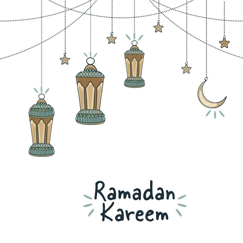 Ramadán kareem concepto con garabatear estilo Arábica linternas, estrellas y creciente cuerda en blanco antecedentes. vector