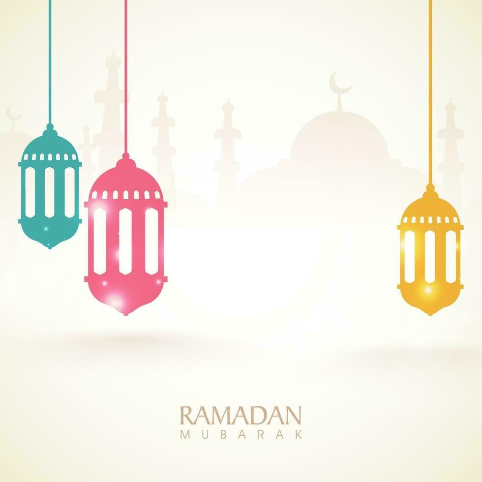 Colorful lanterns hanging on mosque silhouetted background for Muslim Community Festival, Ramadan Kareem celebration. vector