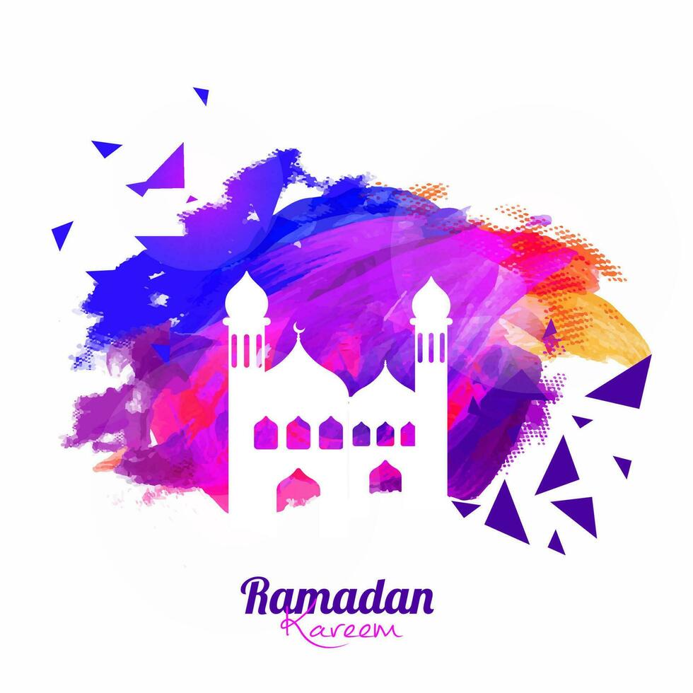 Abstract colorful brush stroke background with White Mosque for Ramadan Kareem Concept. vector