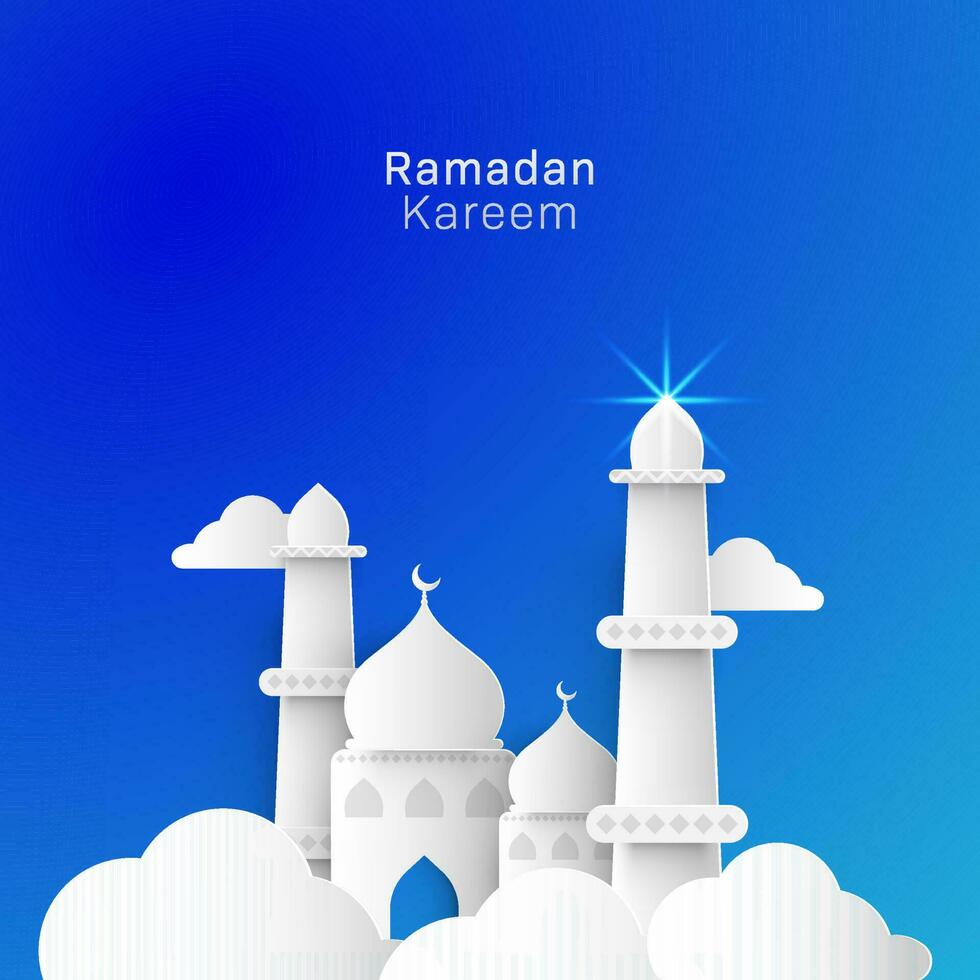 Creative Paper Mosque behind clouds on blue background for Ramadan Kareem Celebration Concept. vector