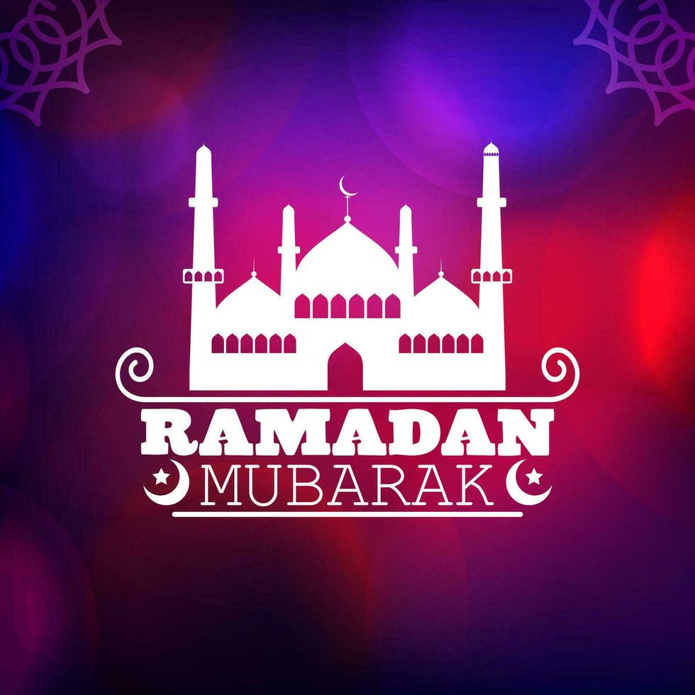 White Ramadan Mubarak Text With Mosque, Crescent Moon, Stars On Abstract Gradient Blurred Background. vector