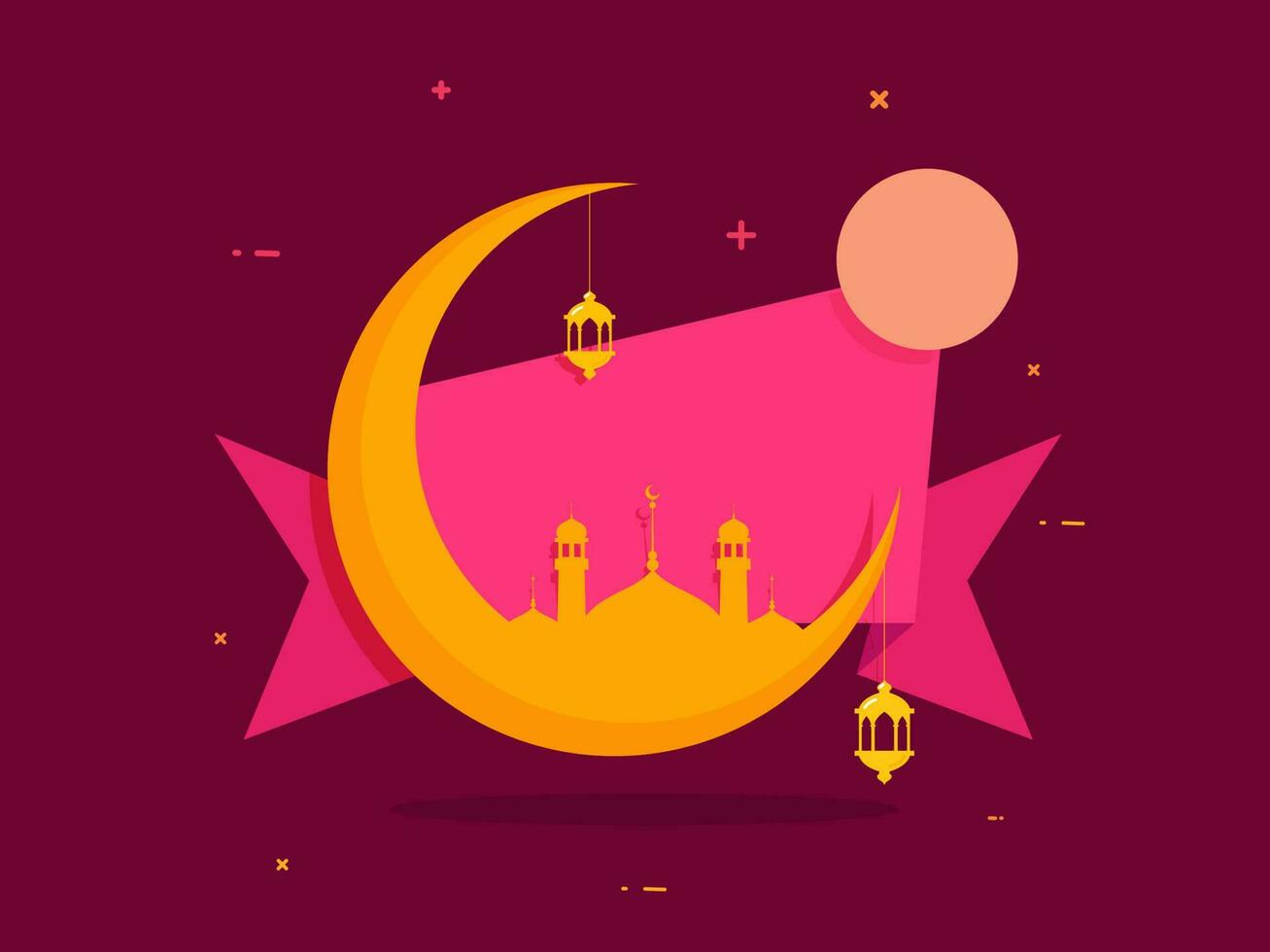 Yellow Crescent Moon With Mosque, Lanterns Hang And Empty Ribbon On Dark Pink Background For Islamic Festival Concept. vector