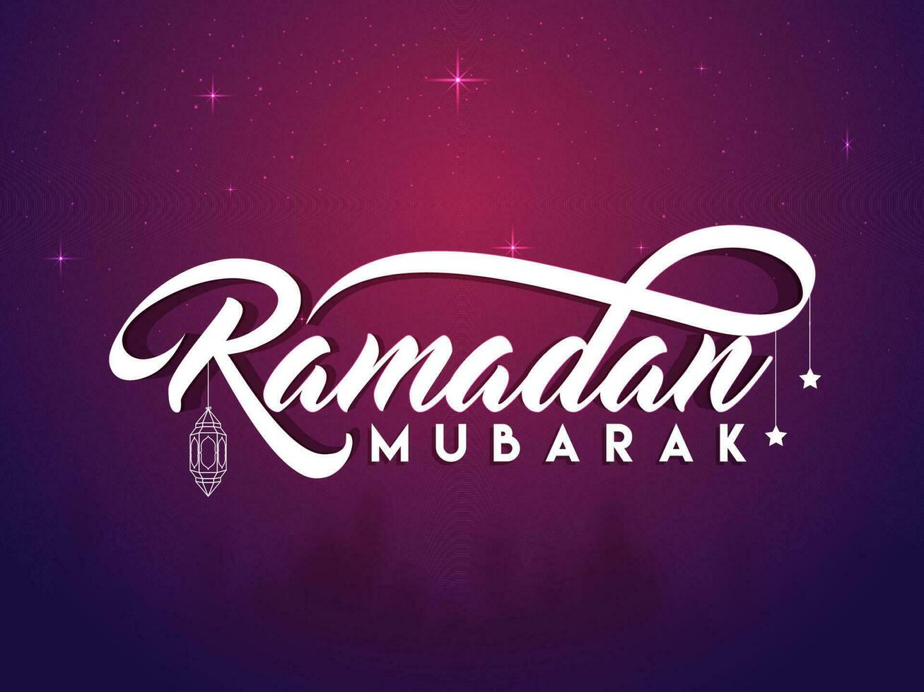 White Ramadan Mubarak Font With Hanging Lantern, Stars On Gradient Blue And Pink Light Effect Blur Mosque Background. vector