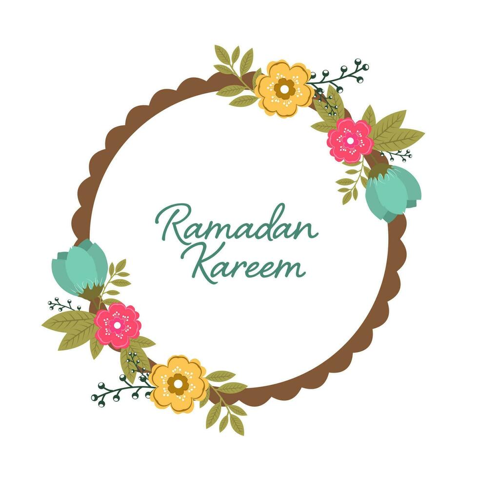Ramadan Kareem Font On Circular Frame Decorated By Floral Against White Background. vector