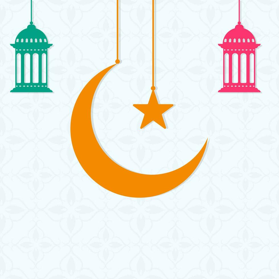 Islamic Festival Concept With Orange Crescent Moon, Stars, Lanterns Hang On Floral Design Background And Copy Space. vector