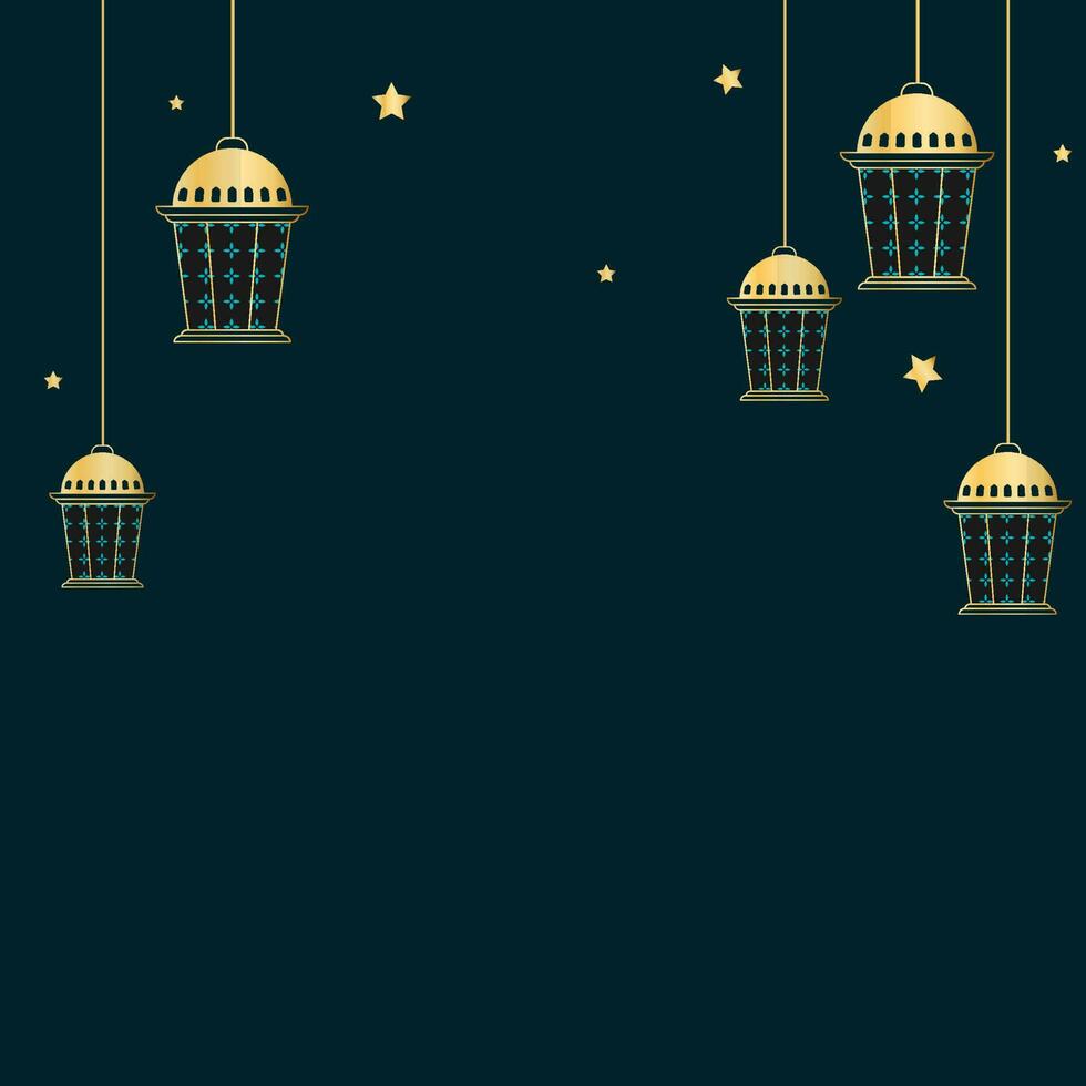 Arabic Lanterns Hang With Golden Stars Decorated On Teal Background And Copy Space. Muslim Community Festival Celebration. vector