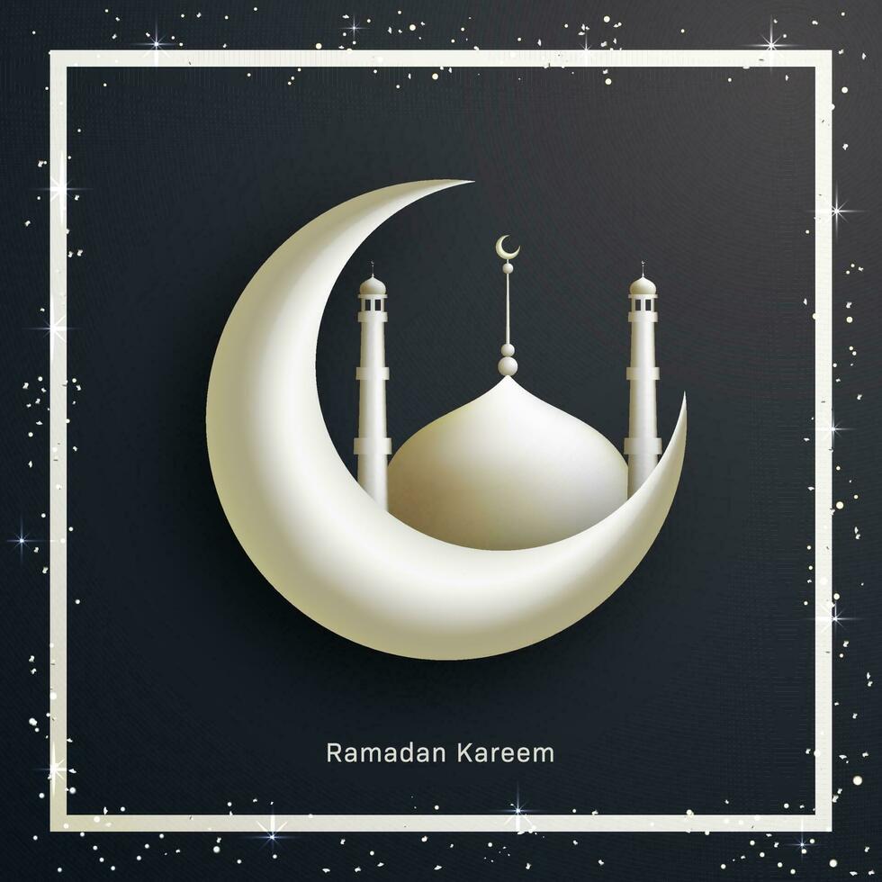 Glossy 3D Crescent Moon With Mosque, Confetti And Light Effect On Border Of Black Background For Ramadan Kareem. vector