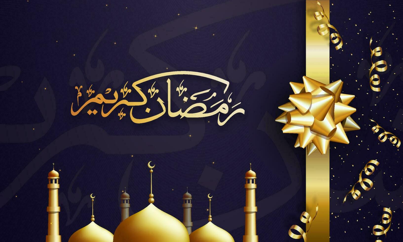 Golden Arabic Calligraphy Of Ramadan Kareem With Glossy Mosque, Flower Bow Ribbon On Blue Light Effect Background. vector