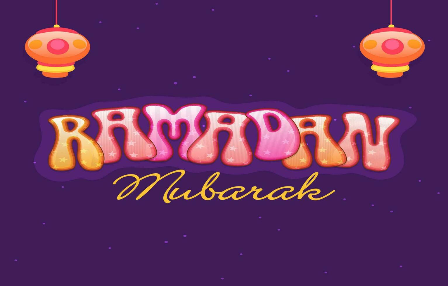 Stylish Ramadan Mubarak Font And Hanging Lanterns On Purple Background. vector